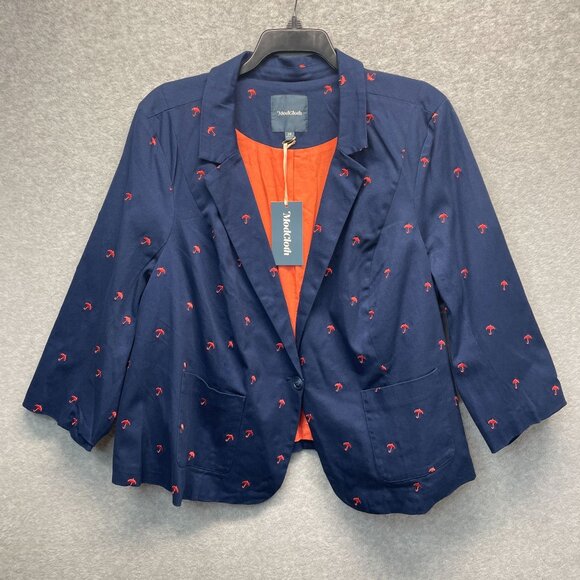 Modcloth Embroidered Blazer Jacket Womens Plus 28 Navy Blue Umbrellas Novelty - Picture 1 of 14